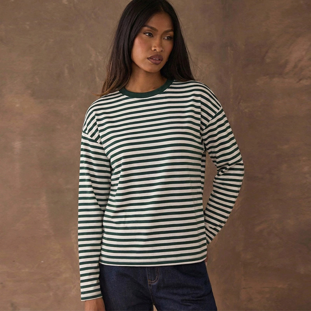 H&M Fashion Striped Long Sleeve Crew Neck Pullover Tee